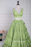Plunging V Two-Piece Ruffle Layers A-line Green Long Prom Dress lps024|Selinadress