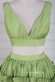 Plunging V Two-Piece Ruffle Layers A-line Green Long Prom Dress lps024|Selinadress