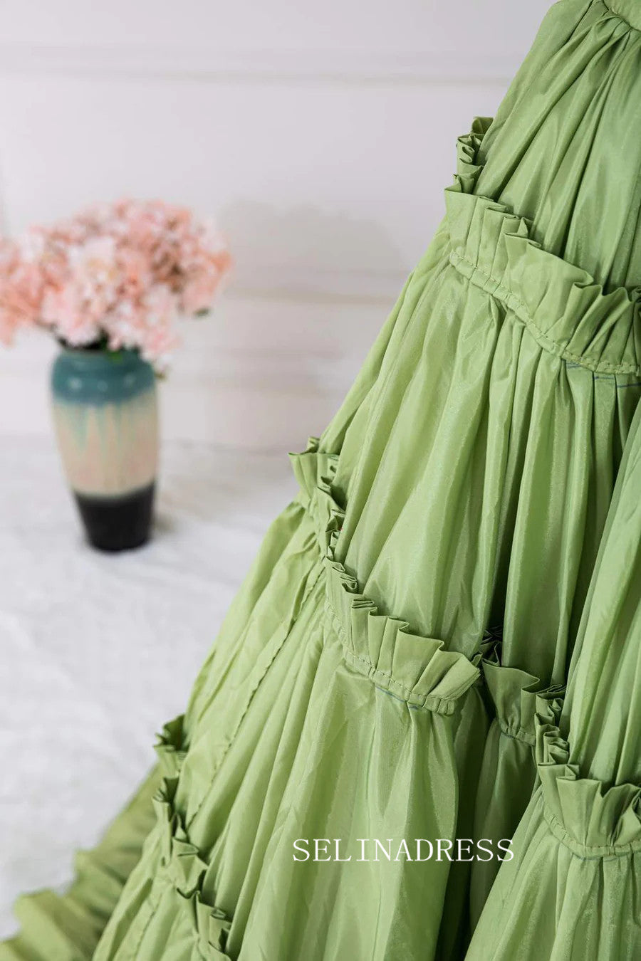 Plunging V Two-Piece Ruffle Layers A-line Green Long Prom Dress lps024 SELINADRESS Plunging V Two-Piece Ruffle Layers A-line Green Long Prom Dress lps024 SELINADRESS