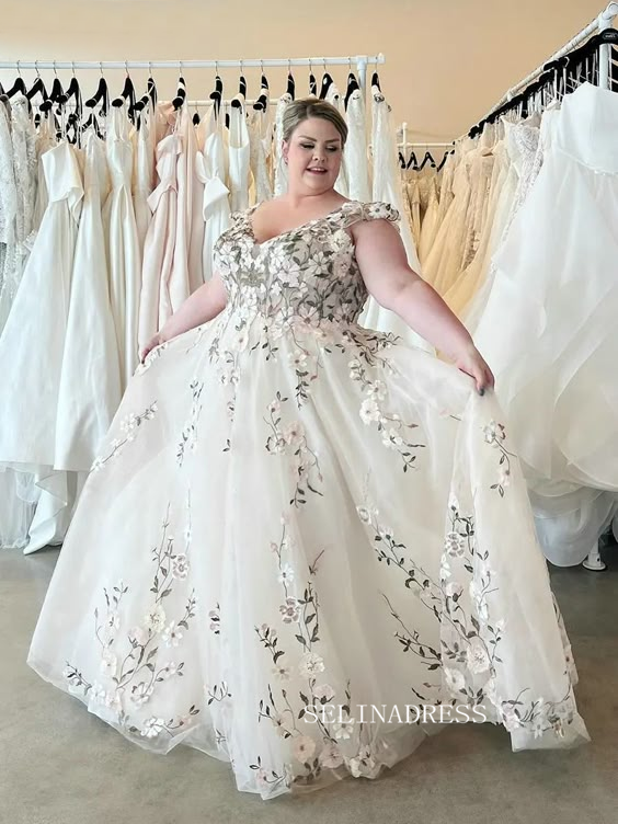 Plus Size Floral Embroidery A Line Wedding Dresses Off The Shoulder Br SELINADRESS Plus Size Floral Embroidery A Line Wedding Dresses Off The Shoulder Br SELINADRESS