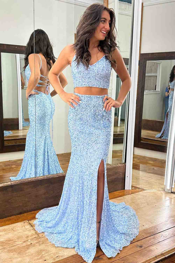 Light Blue V Neck Lace-Up Back Mermaid Sequins Slit Long Prom Dress #pol160|Selinadress