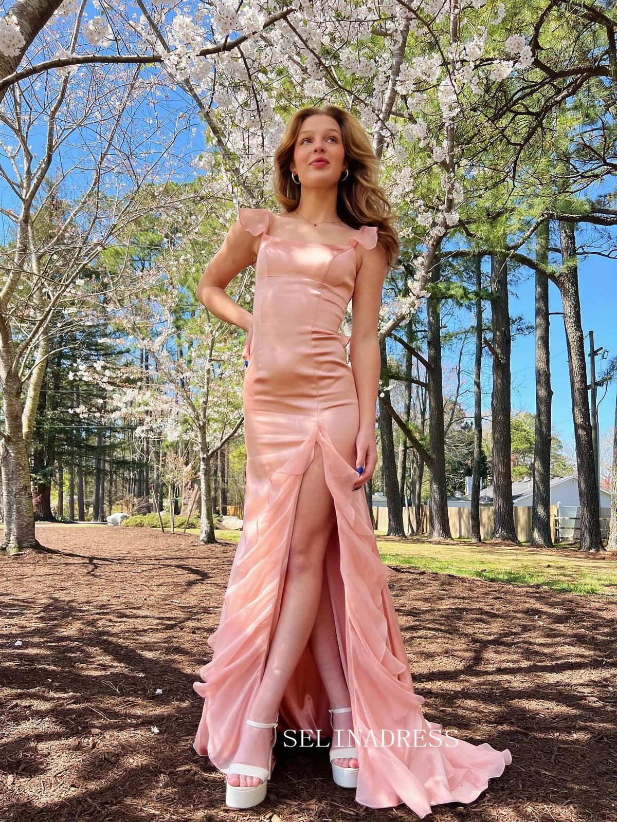 Pretty Pink Maxi Dress Chiffon Cheap Long Prom Dress with Slit sew1082 SELINADRESS Pretty Pink Maxi Dress Chiffon Cheap Long Prom Dress with Slit sew1082 SELINADRESS
