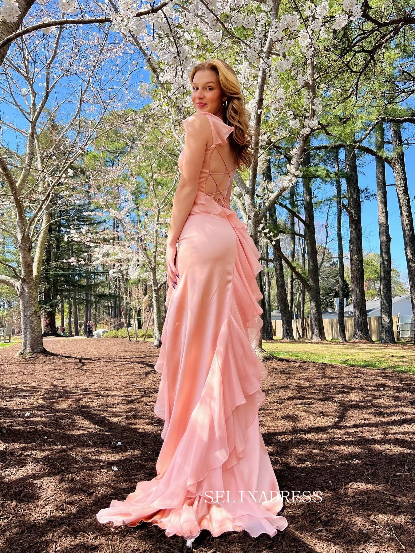 Pretty Pink Maxi Dress Chiffon Cheap Long Prom Dress with Slit sew1082 SELINADRESS Pretty Pink Maxi Dress Chiffon Cheap Long Prom Dress with Slit sew1082 SELINADRESS