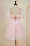 Princess Pink Strapless Short Party Dress with Detachable Balloon Sleeves jkw052|Selinadress