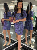 Purple Iridescent Square Neck Puff Sleeve Sequin Short Homecoming Dress #sea101|Selinadress