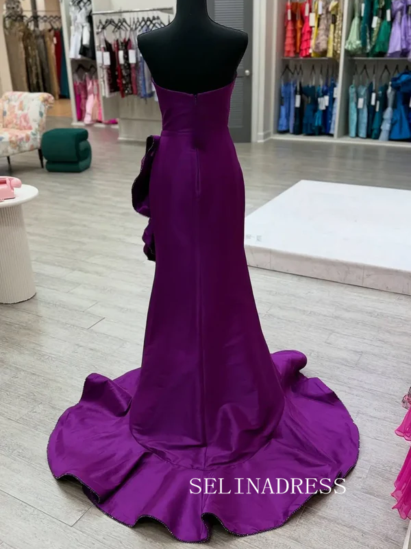Purple Satin Mermaid Prom Dress with Oversized Bow Detail & Sweep Train SEA216|Selinadress