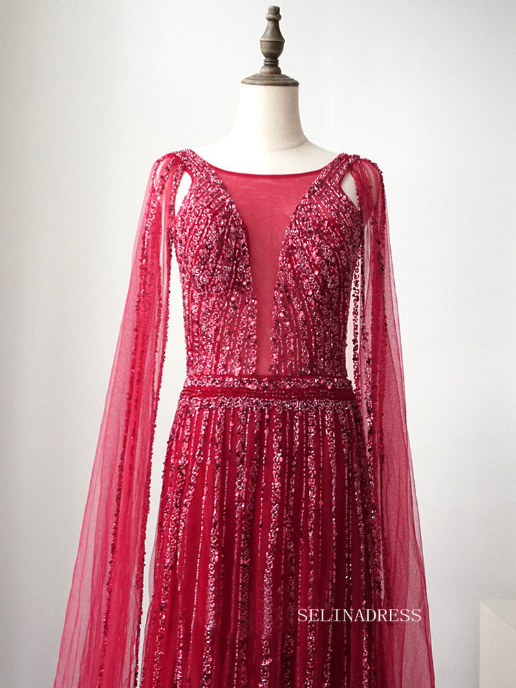 Red A-line Modest Long Prom Dress Tulle Beaded Long Evening Dress Form SELINADRESS Red A-line Modest Long Prom Dress Tulle Beaded Long Evening Dress Form SELINADRESS