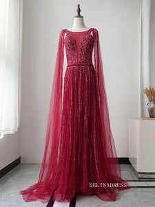 Red A-line Modest Long Prom Dress Tulle Beaded Long Evening Dress Formal Gown FUE015|Selinadress