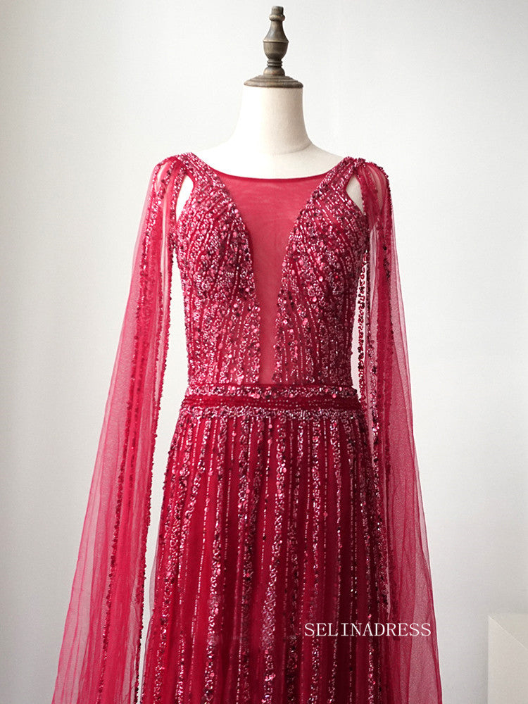 Red A-line Modest Long Prom Dress Tulle Beaded Long Evening Dress Form SELINADRESS Red A-line Modest Long Prom Dress Tulle Beaded Long Evening Dress Form SELINADRESS