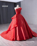 Red Beaded Satin Wedding Dress Strapless Ball Gown Quinceanera Dress 241010|Selinadress