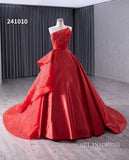 Red Beaded Satin Wedding Dress Strapless Ball Gown Quinceanera Dress 241010|Selinadress