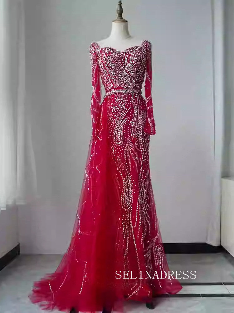 Red Dubai Evening Dresses Long Sleeves Beaded Luxury Wedding Party Gow SELINADRESS Red Dubai Evening Dresses Long Sleeves Beaded Luxury Wedding Party Gow SELINADRESS