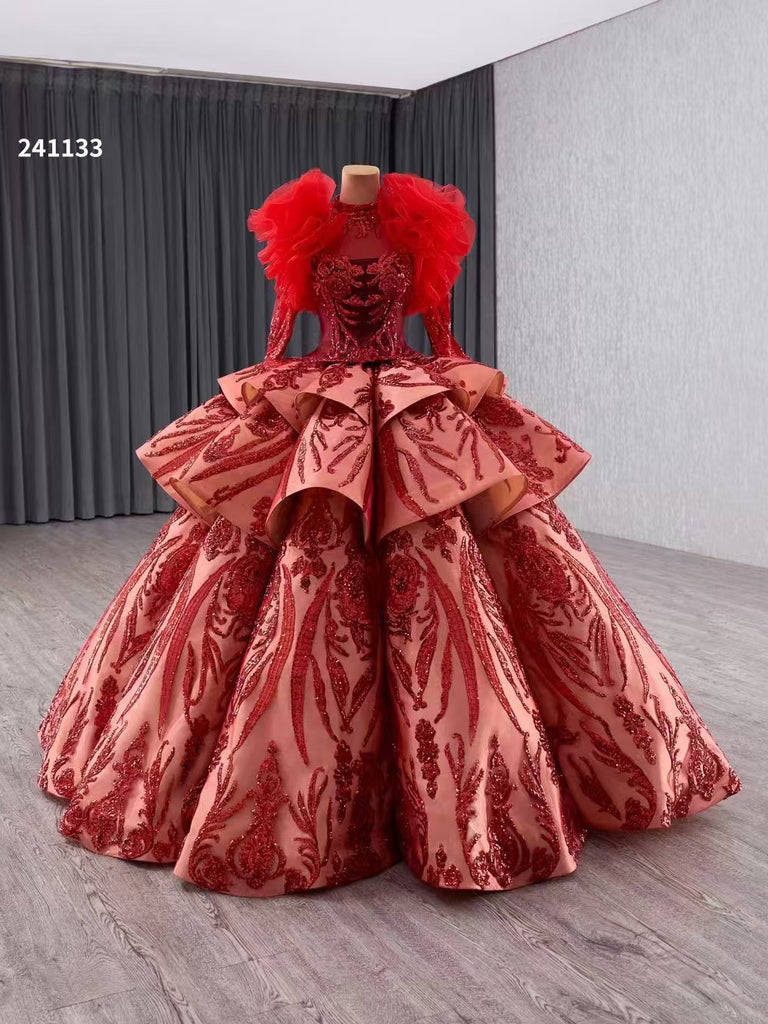 long sleeve red formal dresses for weddings Sparkly Sequins Evening Dress Long Sleeves Wedding Party Maxi Dress Wine Crimson / 1XL main image 1