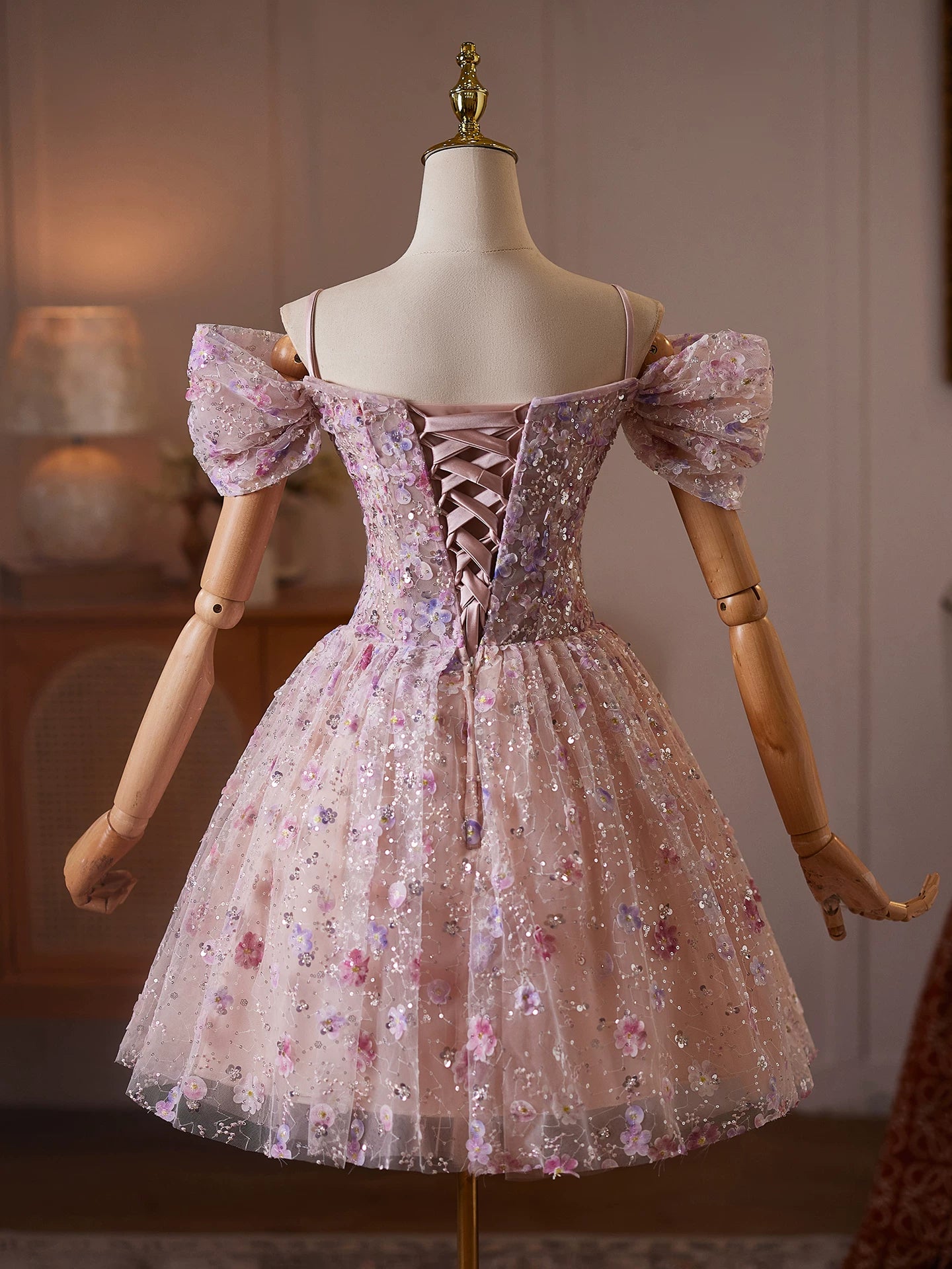 Romantic Pink Floral Embellished Tulle Mini Dress with Off-the-Shoulder Sleeves and Corset Back TYL066|Selinadress