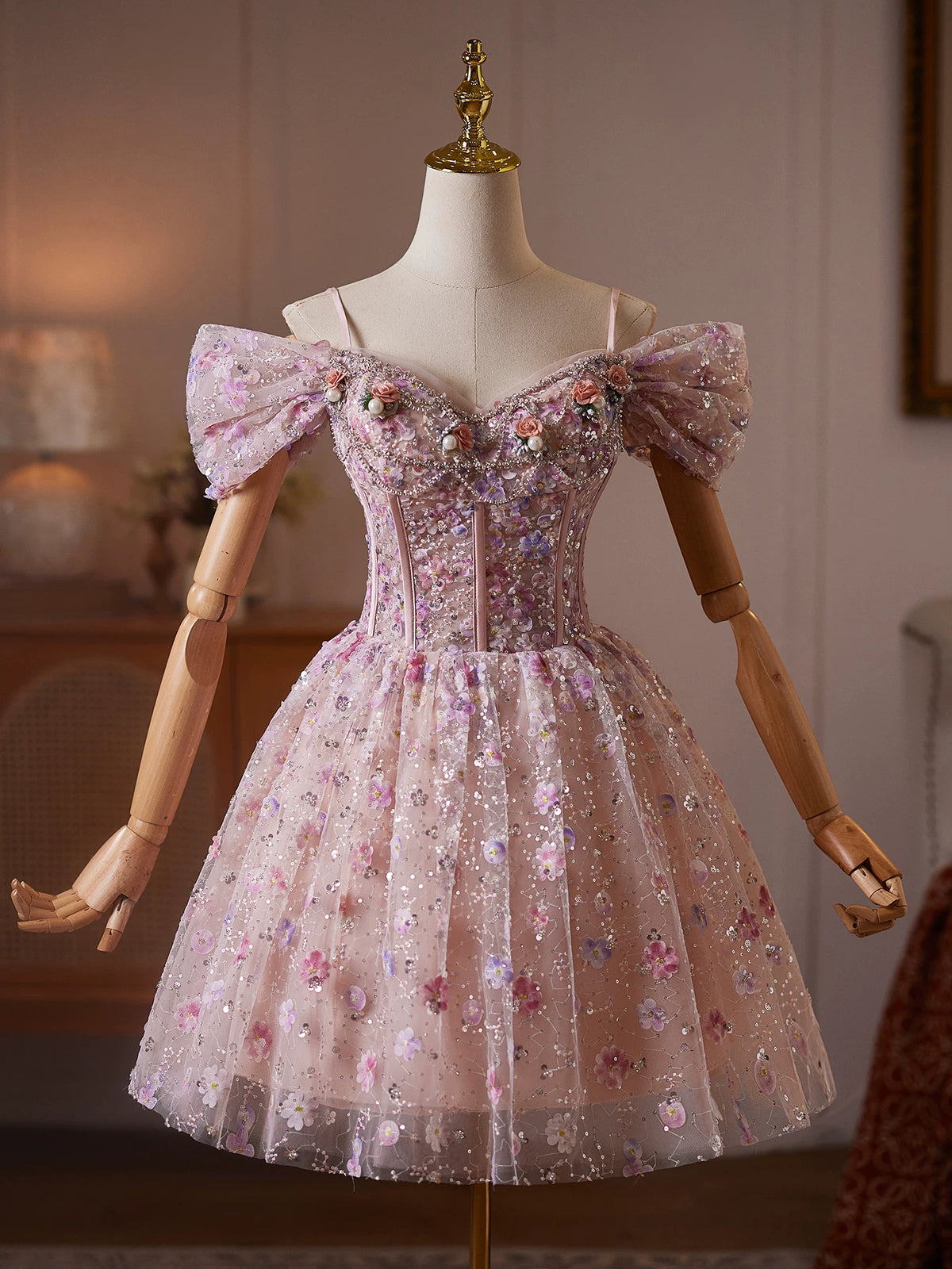 Romantic Pink Floral Embellished Tulle Mini Dress with Off-the-Shoulder Sleeves and Corset Back TYL066|Selinadress
