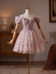 Romantic Pink Floral Embellished Tulle Mini Dress with Off-the-Shoulder Sleeves and Corset Back TYL066|Selinadress