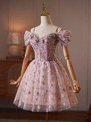 Romantic Pink Floral Embellished Tulle Mini Dress with Off-the-Shoulder Sleeves and Corset Back TYL066|Selinadress