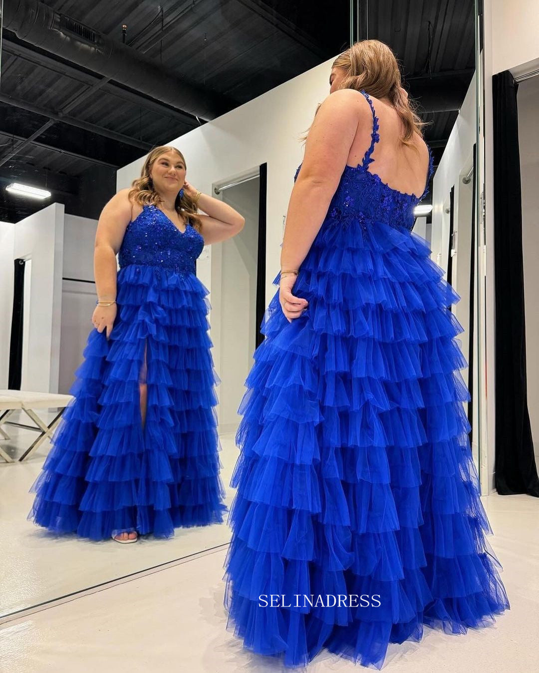 Royal Blue A-line Lace Long Prom Dress With Ruffle Skirt Evening Dress SELINADRESS Royal Blue A-line Lace Long Prom Dress With Ruffle Skirt Evening Dress SELINADRESS