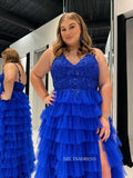 Royal Blue A-line Lace Long Prom Dress With Ruffle Skirt Evening Dress sew1036|Selinadress