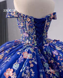 Royal Blue Applique Floral Lace Wedding Dresses Off the Shoulder Quinceanera Dress 231051B|Selinadress