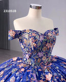 Royal Blue Applique Floral Lace Wedding Dresses Off the Shoulder Quinceanera Dress 231051B|Selinadress