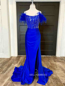 Royal Blue Feathered Shoulder Beaded Long Prom Gown With Side Slit SEW1047|Selinadress