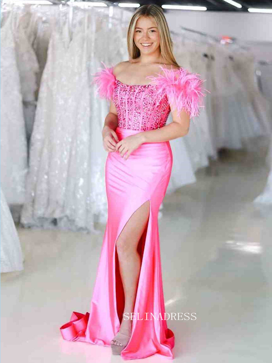 Royal Blue Feathered Shoulder Beaded Long Prom Gown With Side Slit SEW SELINADRESS Royal Blue Feathered Shoulder Beaded Long Prom Gown With Side Slit SEW SELINADRESS