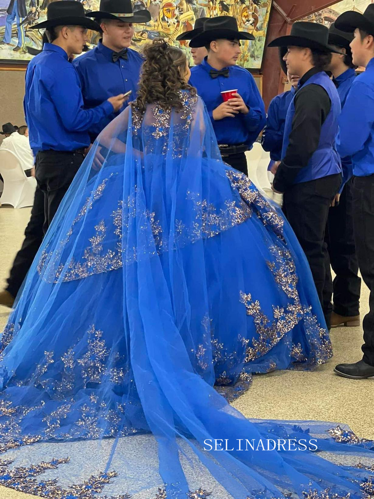 Royal Blue Quince Dress with Cathedral Train Cape Princess Wedding Dre SELINADRESS Royal Blue Quince Dress with Cathedral Train Cape Princess Wedding Dre SELINADRESS