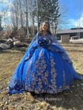 Royal Blue Quince Dress with Cathedral Train Cape Princess Wedding Dress Evening Gowns sew1093|Selinadress