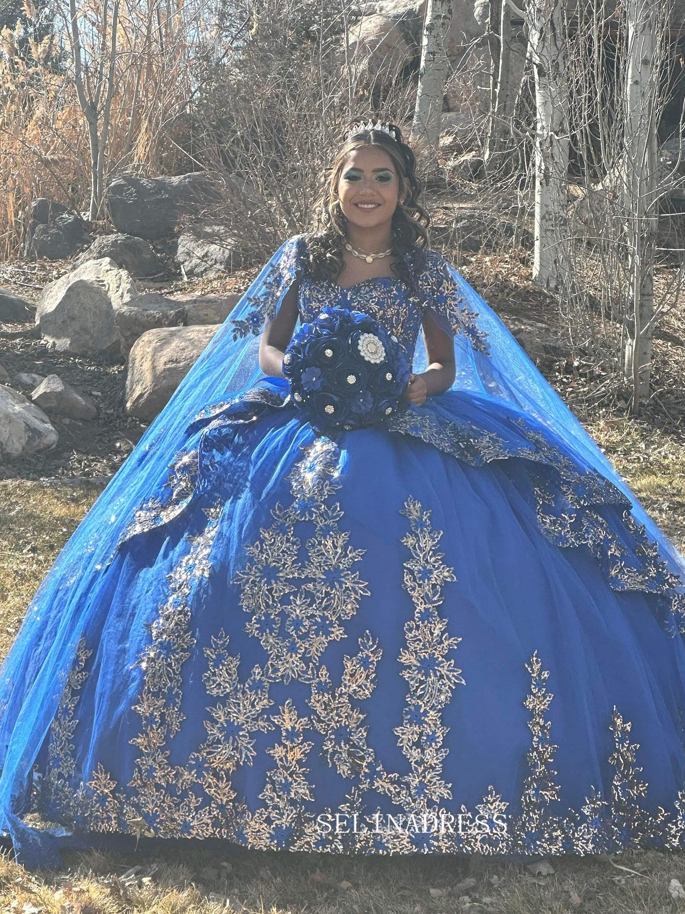 Royal Blue Quince Dress with Cathedral Train Cape Princess Wedding Dre SELINADRESS Royal Blue Quince Dress with Cathedral Train Cape Princess Wedding Dre SELINADRESS