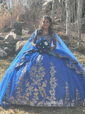 Royal Blue Quince Dress with Cathedral Train Cape Princess Wedding Dress Evening Gowns sew1093|Selinadress