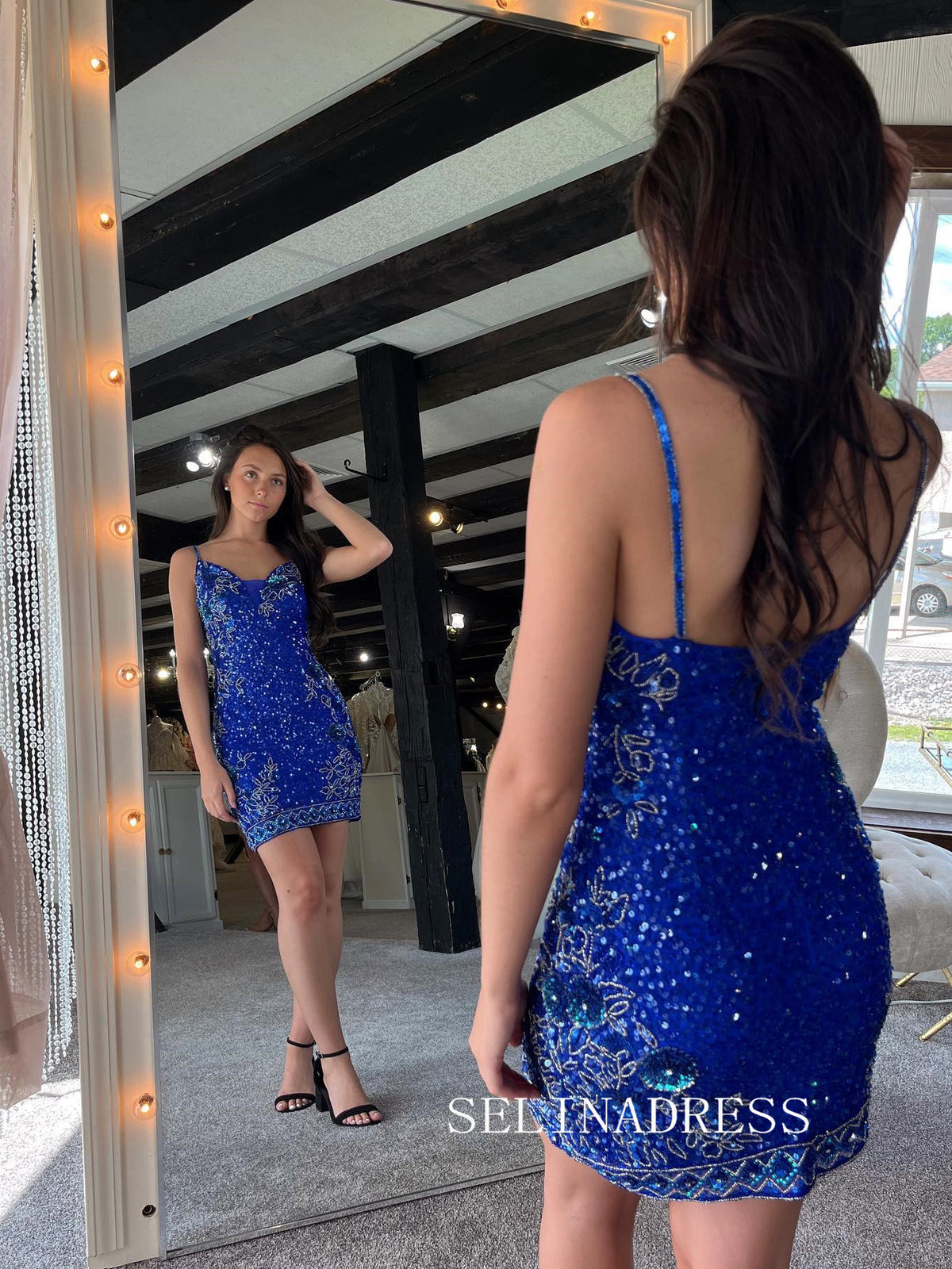 Royal Blue Sequin Short Homecoming Dresses Spaghetti Straps Mini Cockt SELINADRESS Royal Blue Sequin Short Homecoming Dresses Spaghetti Straps Mini Cockt SELINADRESS