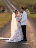 Rustic Mermaid Lace Wedding Dresses White Boho Long Sleeve Bridal Dresses TK063|Selinadress