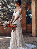 Scoop Neckline Ivory Bohemian Open Back Lace Wedding Dress SEW0202|Selinadress