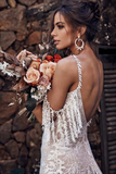 Scoop Neckline Ivory Bohemian Open Back Lace Wedding Dress SEW0202|Selinadress