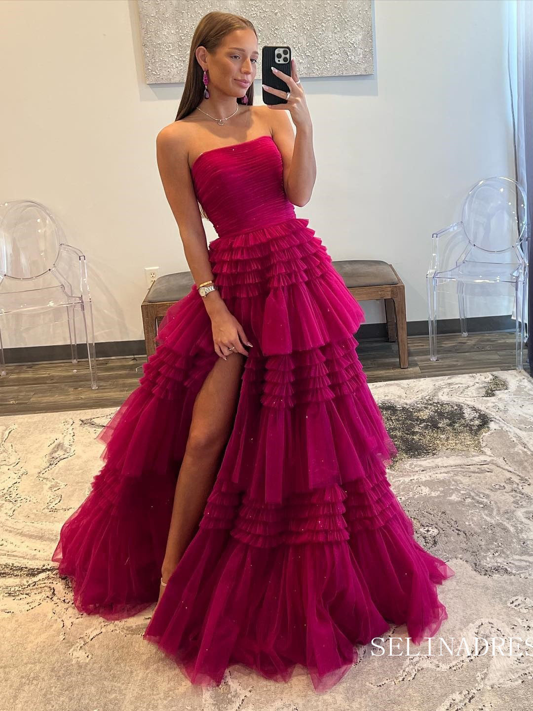 Gorgeous Frill Layered Gown Long Prom Dress With Ruffles Slit