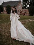 See through Lantern Sleeve Backless Court Train Wedding Dress Bridal Gown SEW028|Selinadress