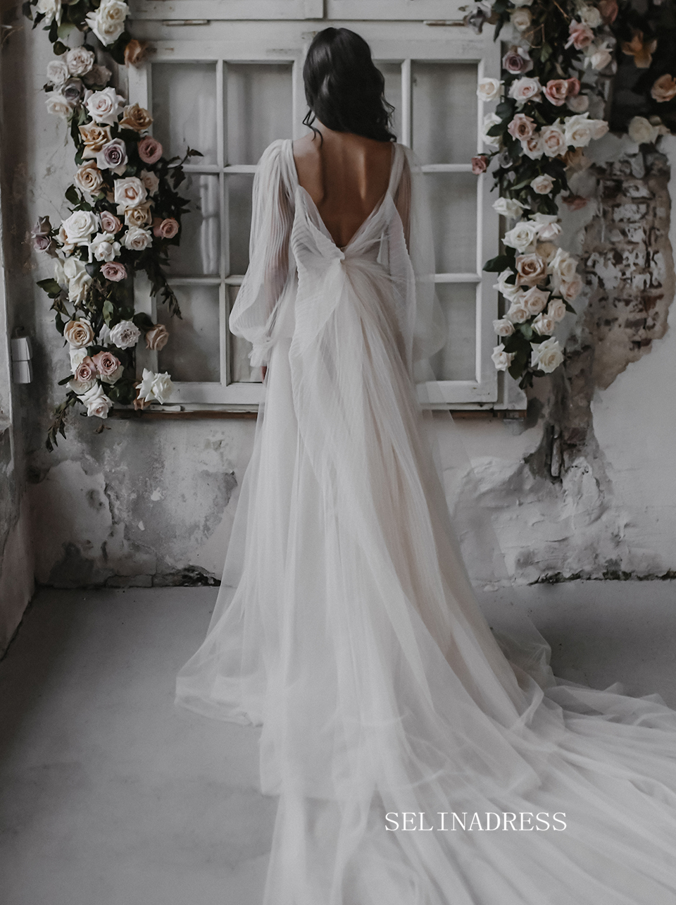 backless long train wedding dress Tulle Mermaid Backless Long sleeves Lace Wedding Dresses With Train, MW1023