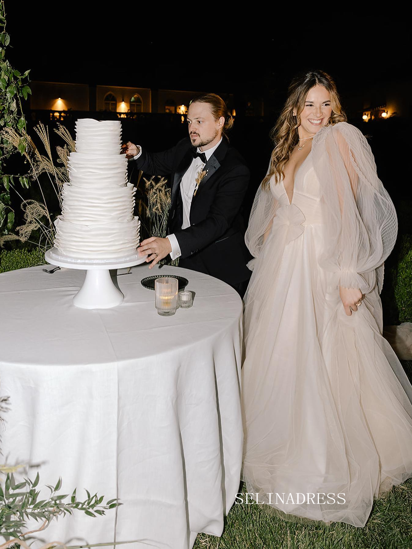 See through Lantern Sleeve Backless Court Train Wedding Dress Bridal G SELINADRESS See through Lantern Sleeve Backless Court Train Wedding Dress Bridal G SELINADRESS
