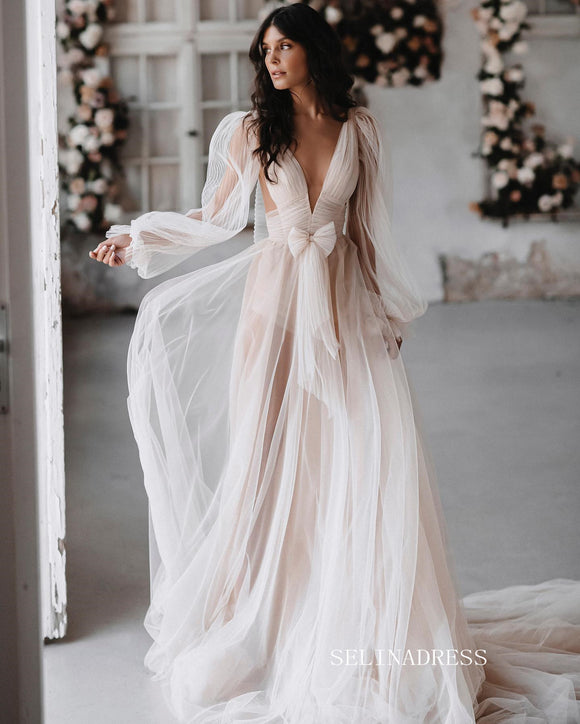 V-Neck Long Sleeves Backless Ivory Chiffon Wedding Dress with Lace –  Pgmdress
