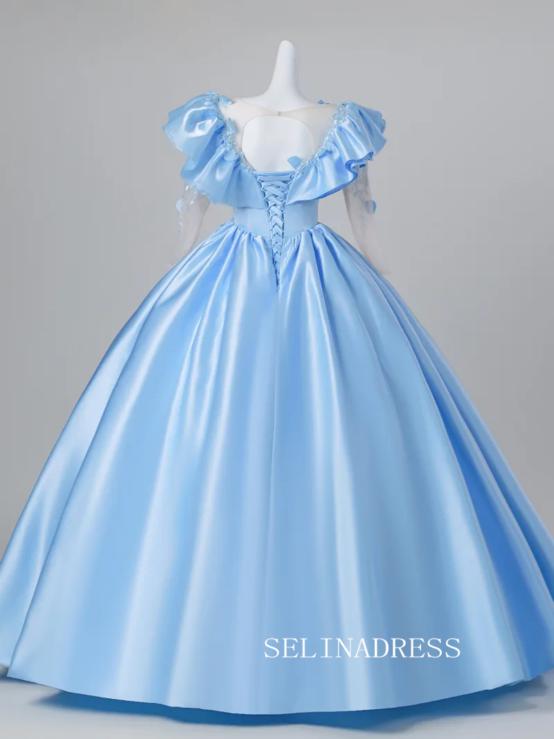 Sequins Appliques Satin Prom Dresses Ball Gown Scoop Neck 3/4 Sleeve Backless LET014|Selinadress