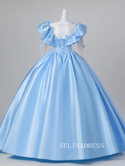 Sequins Appliques Satin Prom Dresses Ball Gown Scoop Neck 3/4 Sleeve Backless LET014|Selinadress