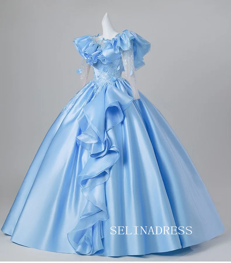 Sequins Appliques Satin Prom Dresses Ball Gown Scoop Neck 3/4 Sleeve Backless LET014|Selinadress