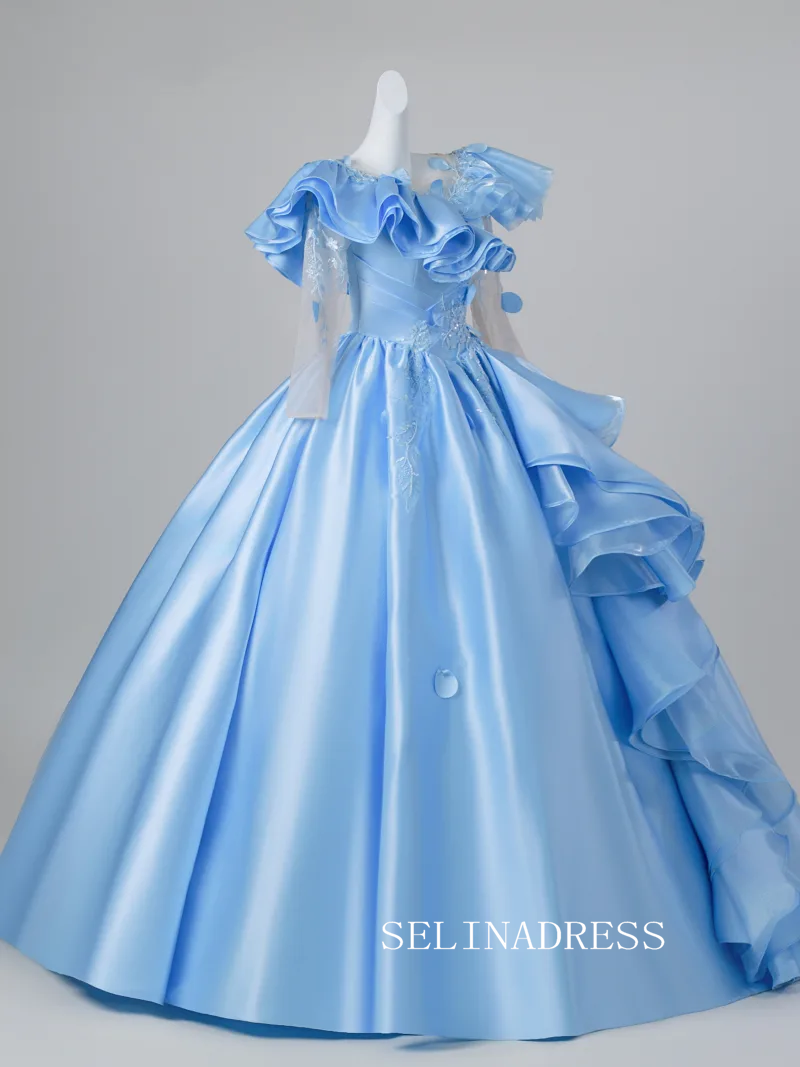 Sequins Appliques Satin Prom Dresses Ball Gown Scoop Neck 3/4 Sleeve Backless LET014|Selinadress
