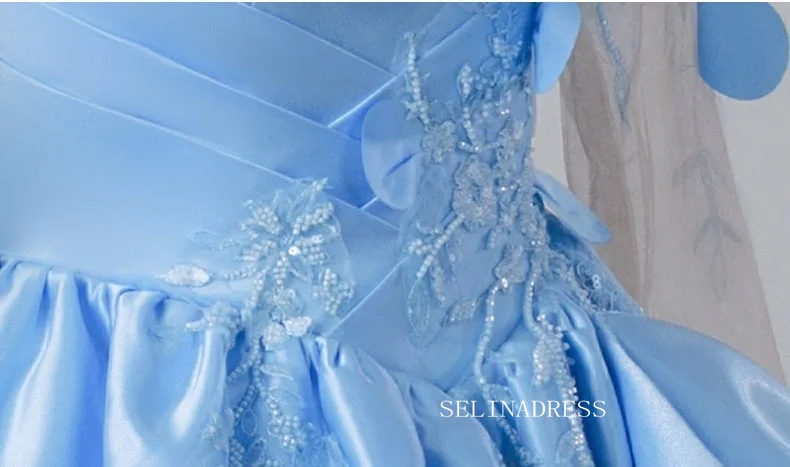Sequins Appliques Satin Prom Dresses Ball Gown Scoop Neck 3/4 Sleeve Backless LET014|Selinadress