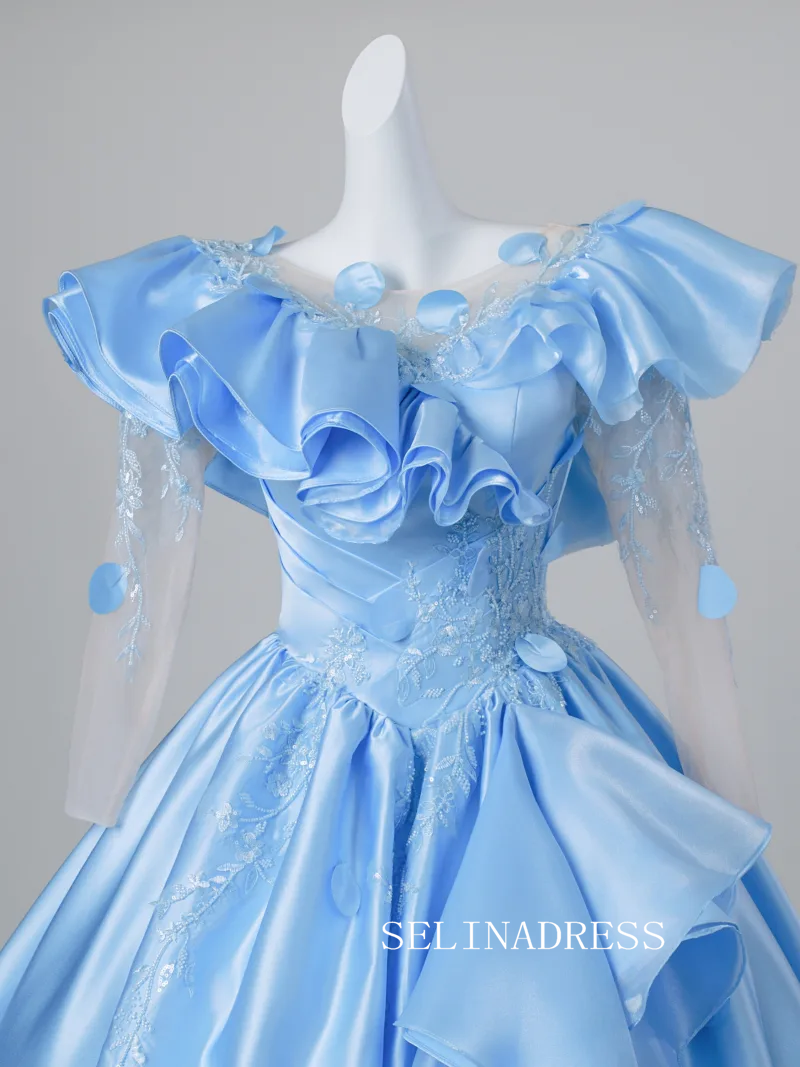 Sequins Appliques Satin Prom Dresses Ball Gown Scoop Neck 3/4 Sleeve Backless LET014|Selinadress