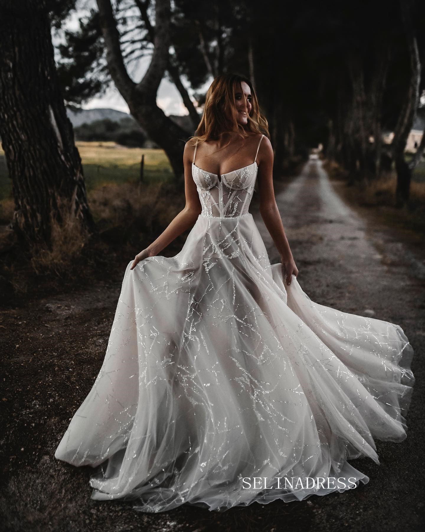 Sexy Boho Beach wedding dress Tulle Spaghetti Neck Beaded Long Bridal
