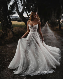 Sexy Boho Beach wedding dress Tulle Spaghetti Neck Beaded Long Bridal Dresses A Line Crystal wedding dress ASK006|Selinadress
