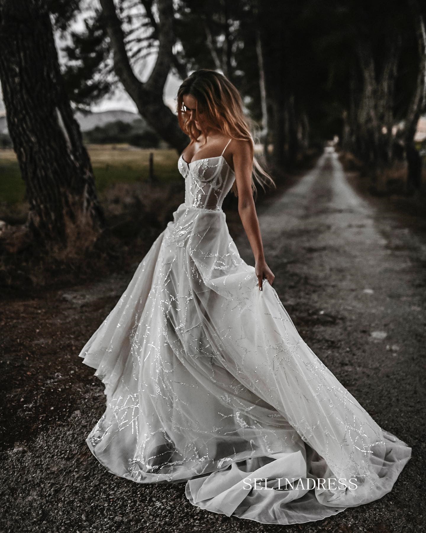 Sexy Boho Beach wedding dress Tulle Spaghetti Neck Beaded Long Bridal SELINADRESS Sexy Boho Beach wedding dress Tulle Spaghetti Neck Beaded Long Bridal SELINADRESS
