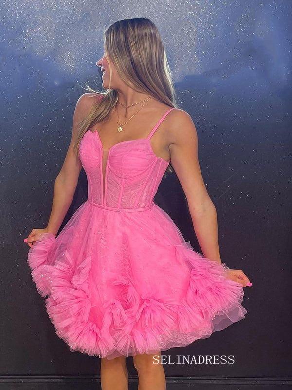 Sexy Short Cute Pink Tulle Junior V-Neck Mini Homecoming Dress #EWR576 SELINADRESS Sexy Short Cute Pink Tulle Junior V-Neck Mini Homecoming Dress #EWR576 SELINADRESS